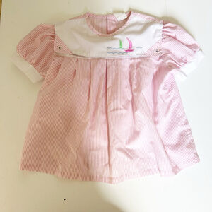 Girls Vintage Nautical Striped Pink & White Dress Sailor Collar